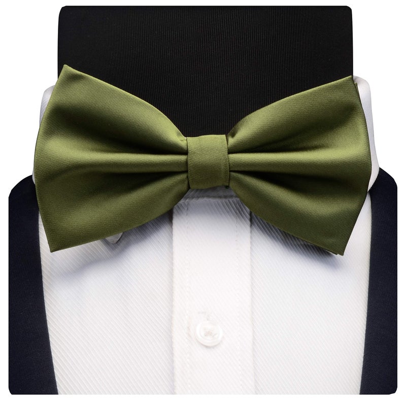GUSLESON Mens Solid Olive Green Bow Tie Wedding Pre-tied Bowtie and Pocket Square Cufflink Set (0570-28) - Image 3